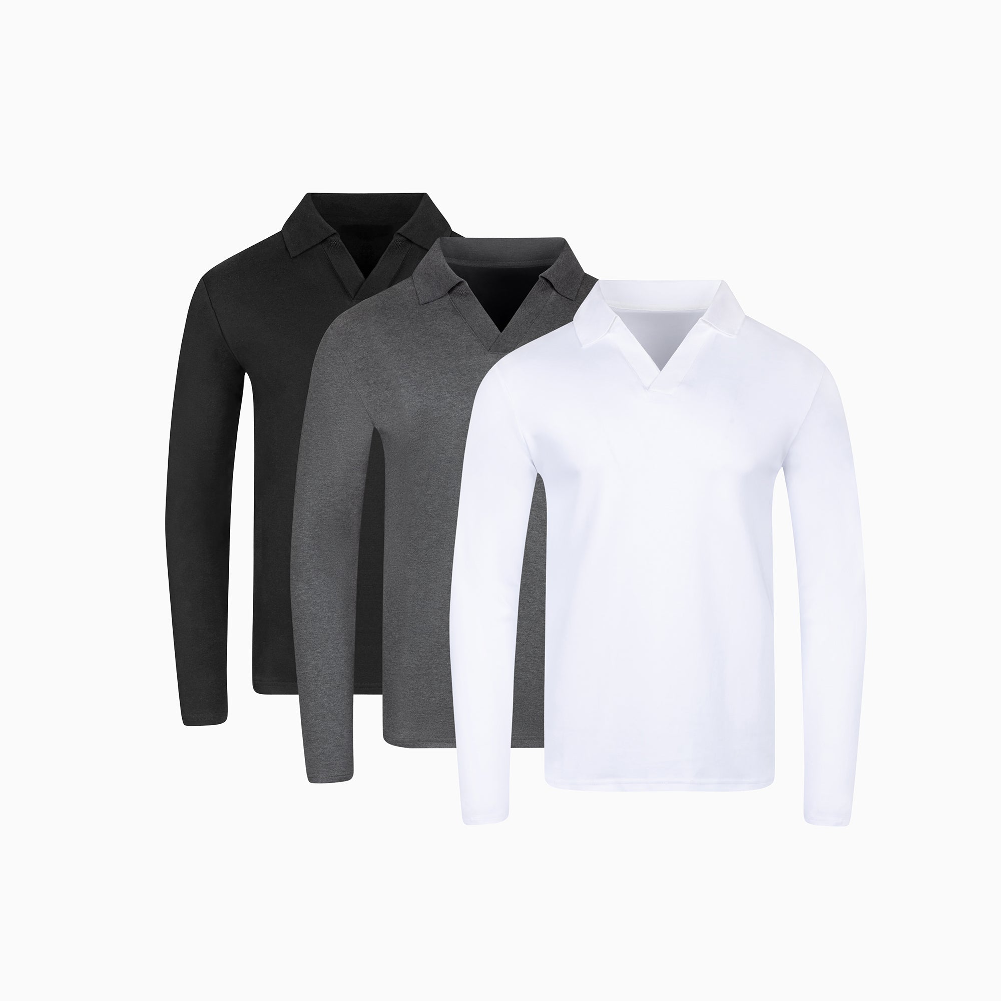 Three polo shirts in black, gray, and white are displayed side by side.