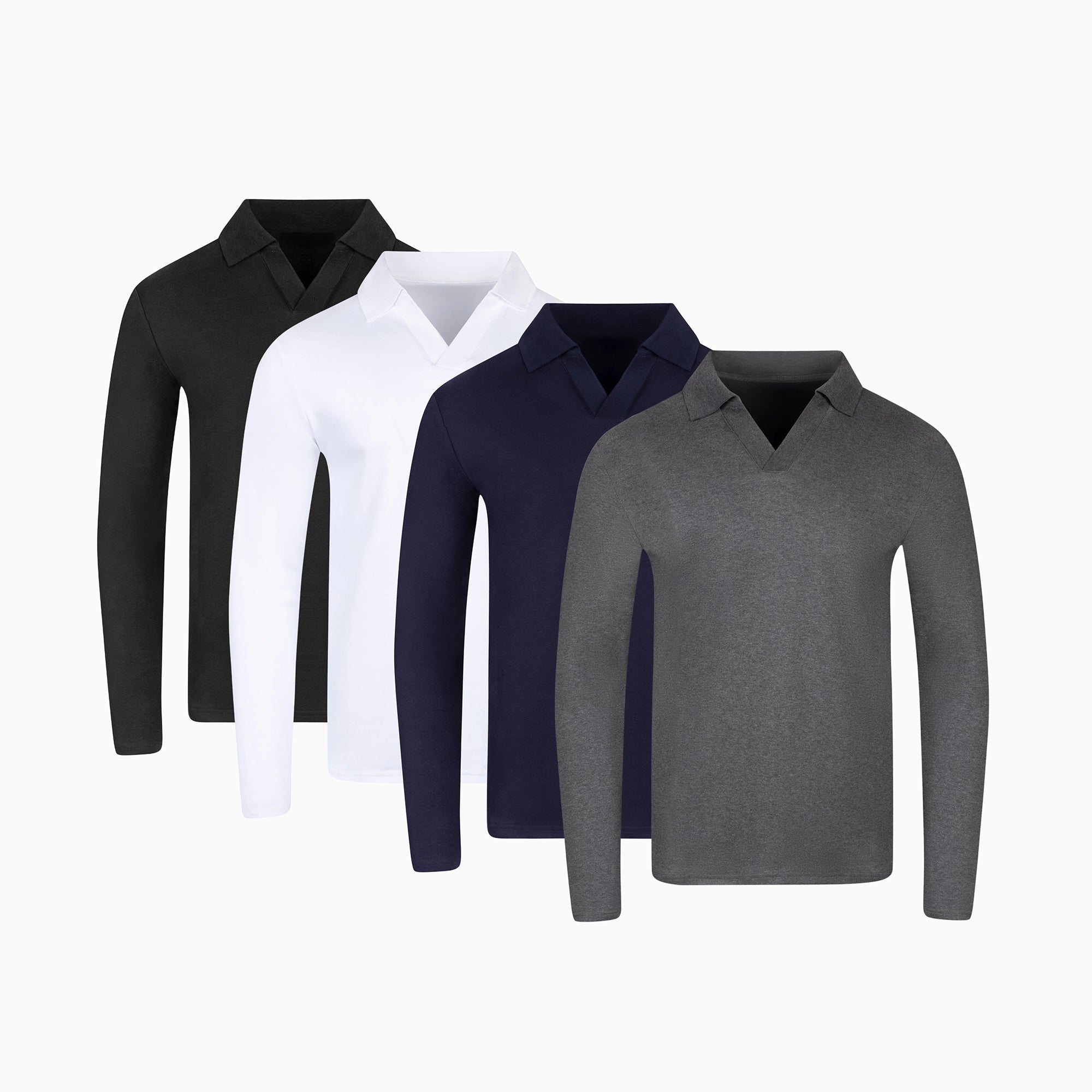 Three polo shirts in black, gray, and white are displayed side by side.