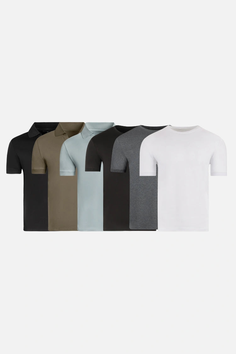 Five t-shirts in black, olive, light blue, dark gray, and white.