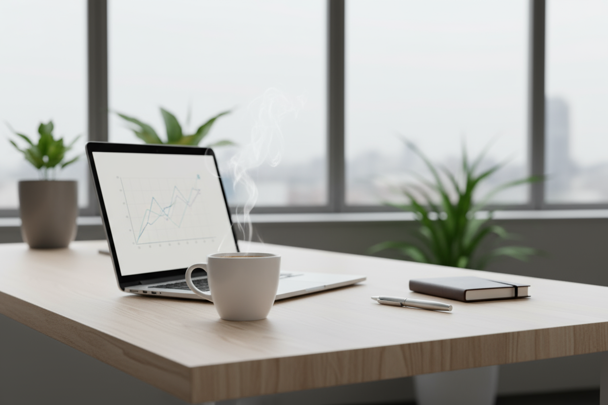 coffee with laptop on office desk - modern picture 